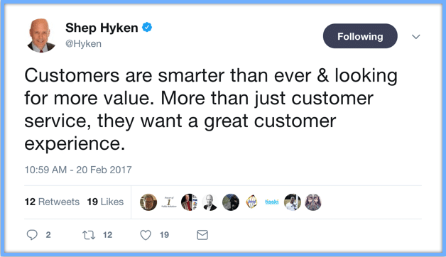 Shep Hyken Twitter Customers are smarter than ever & looking for more value. More then just customer service, they want a great customer experience. 