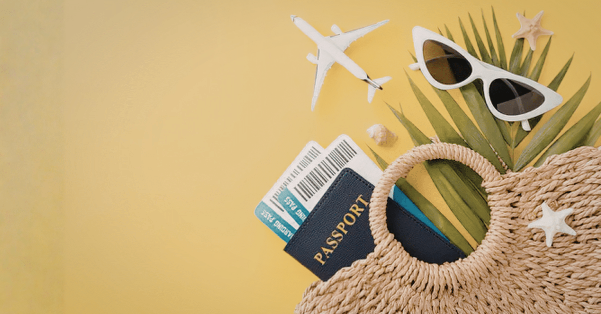 A yellow background with the travel essentials of a lawyer on summer vacation. The essentials are a passport, plane tickets, a tiny plane, seashells, sunglasses, a palm frond, and a woven basket. No phone or computer needed because this lawyer hired a legal answering service.